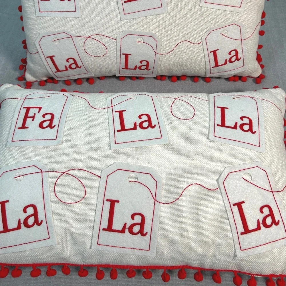 Christmas Holiday Fa La La Tea Bag Decorative Throw Pillow with Pom Poms Red Zip